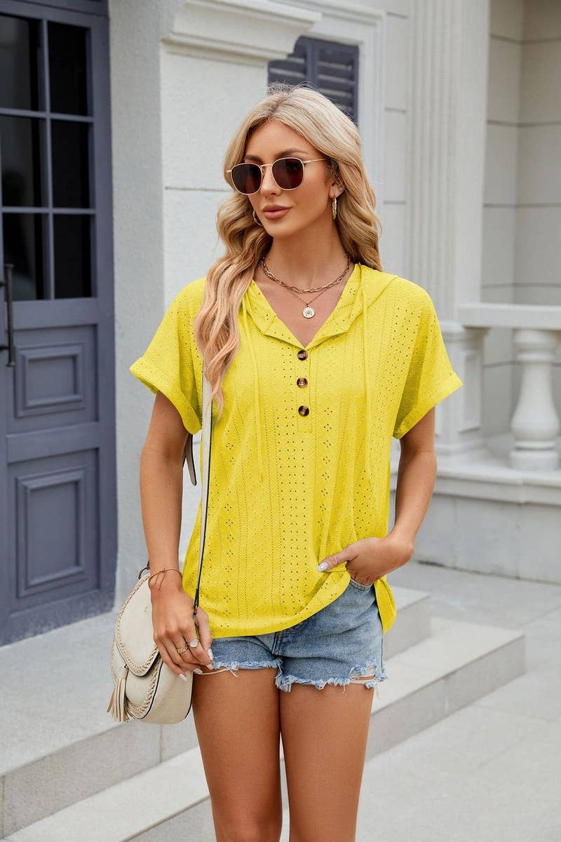 CWOHOS0015_Button Neck Short Sleeve Hoodi Knit Top