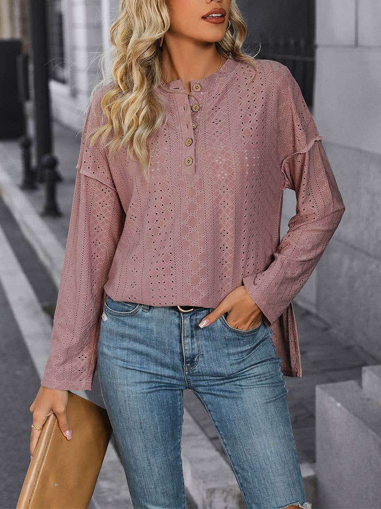 LONG SLEEVE SOLID COLOR KNITTED JACQUARD TOP