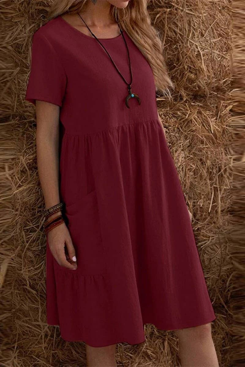 CWDSD8003_SUMMER RETRO LOOSE POCKET SOLID COLOR DRESS