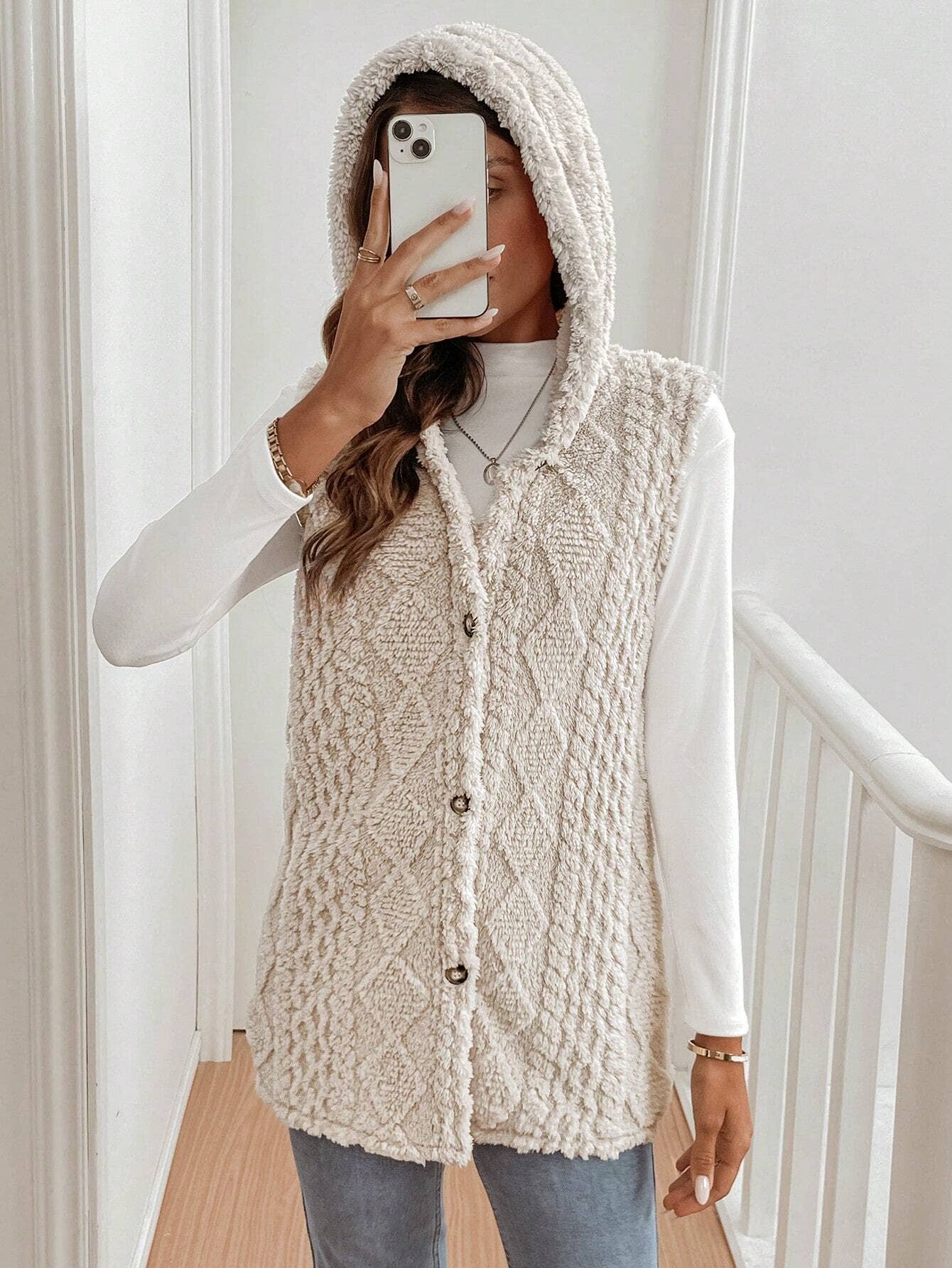 Double-sided plush casual hooded cardigan