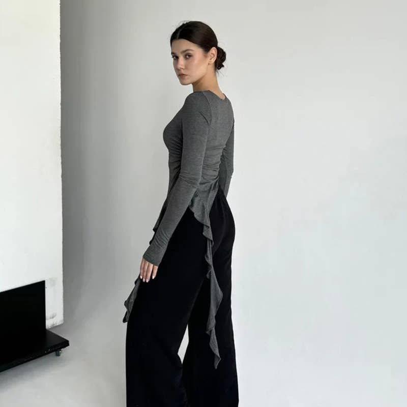 SOLID COLOR ROUND TIE RUFFLED LONG SLEEVE T-SHIRT