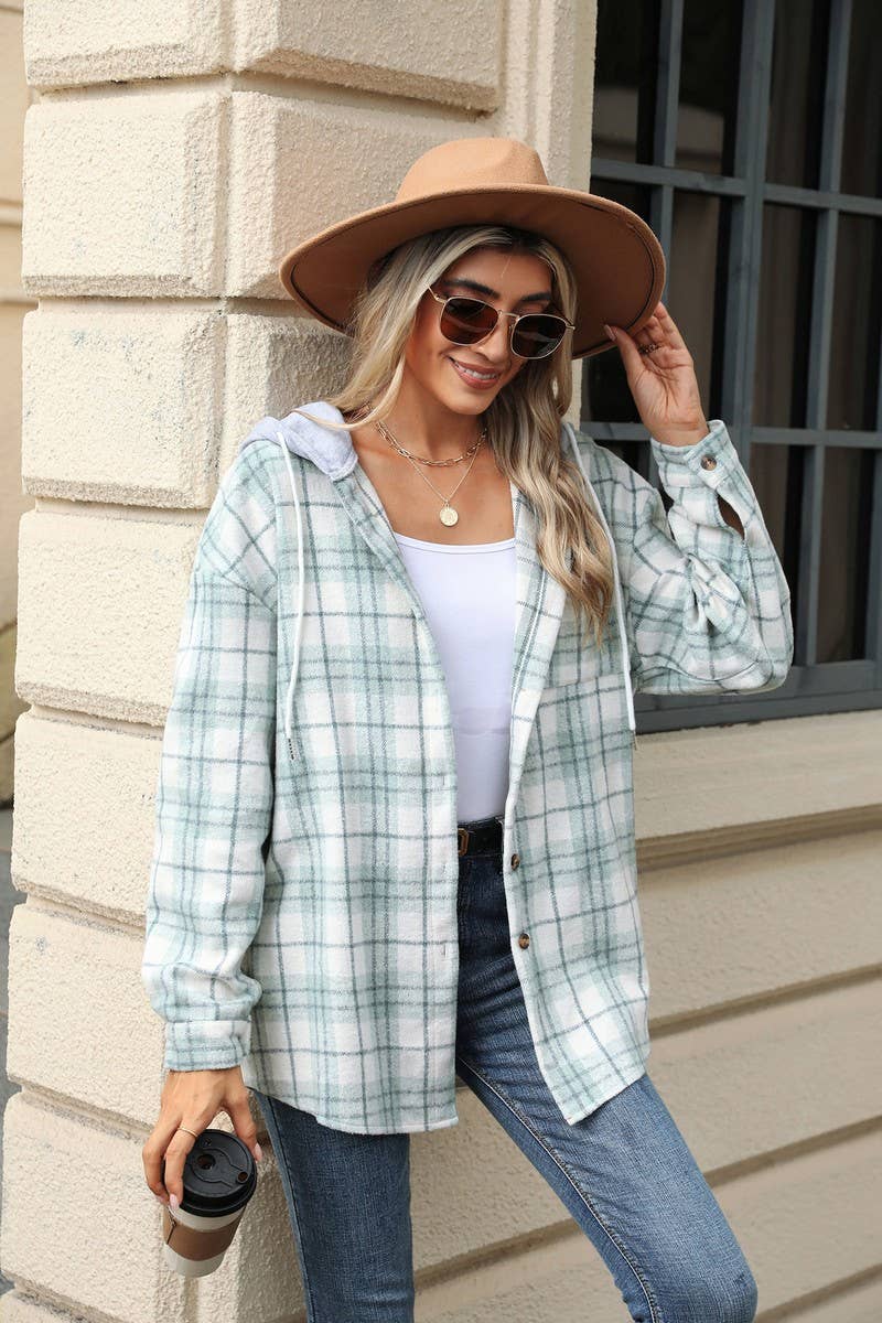 CWOCO0491_HOODED BUTTON-DOWN PLAID LONG-SLEEVED COAT