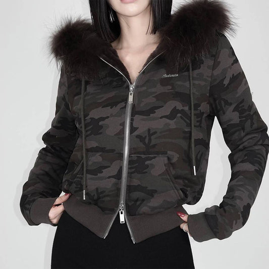 WOOLLY PATCHWORK ZIPPER HOODIE COAT LADY