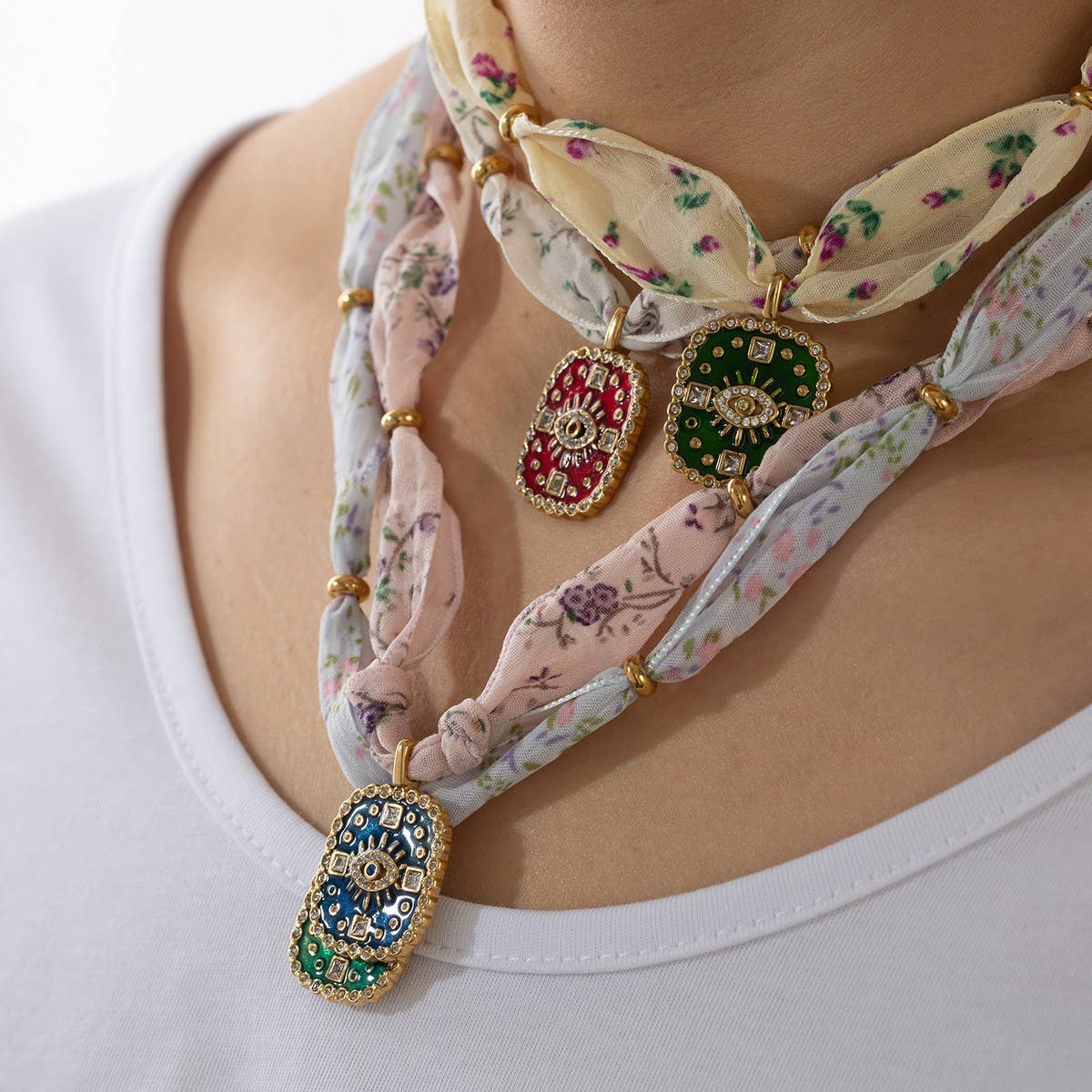 Original Silk Scarf Necklace with Colorful Charm_CWMM8815