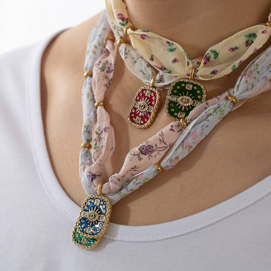 Original Silk Scarf Necklace with Colorful Charm_CWMM8815