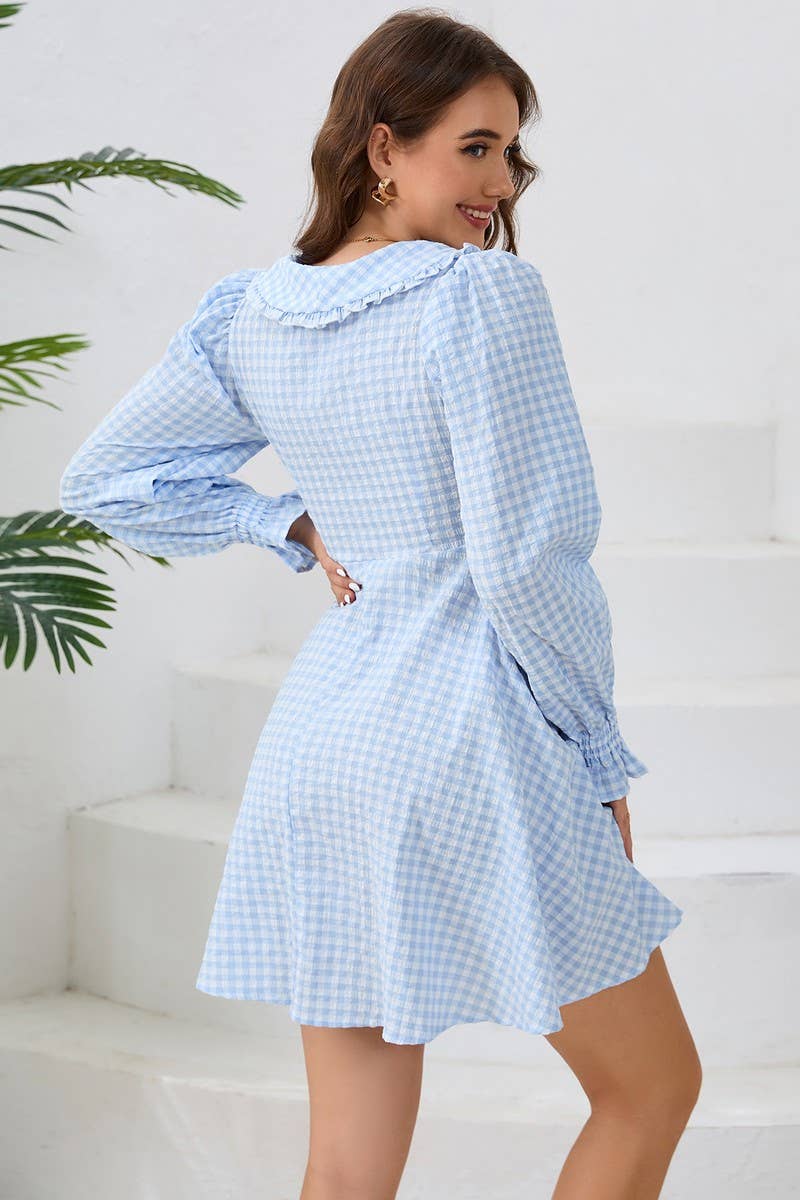 CWDSD6462_LARGE LAPEL WIDE HEM LONG SLEEVE PLAID DRESS