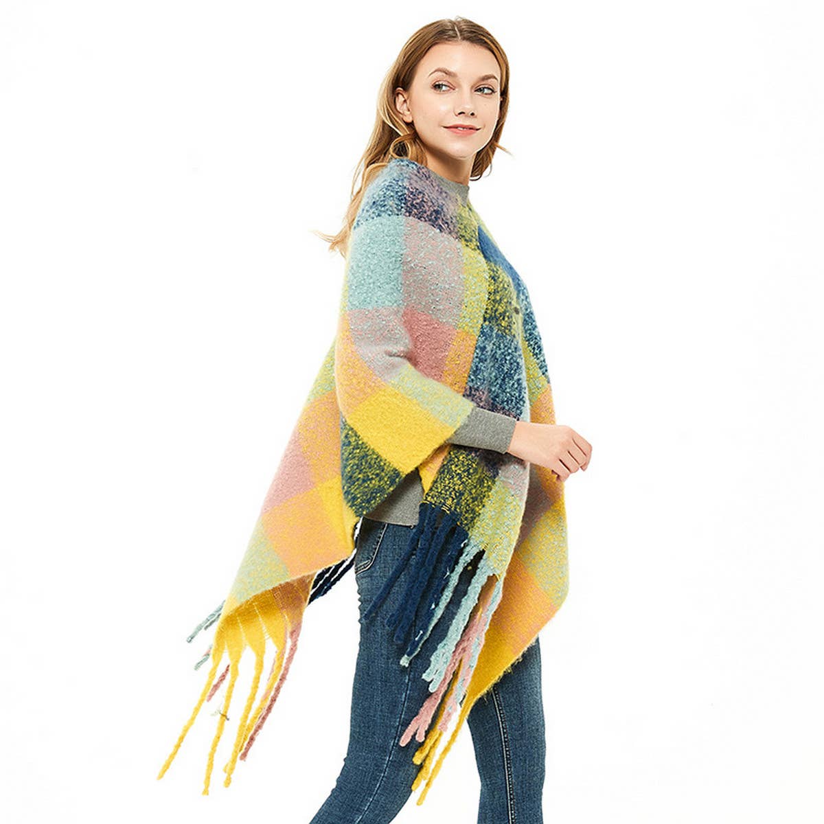 BOUCLE YARN THICK TASSEL COLORFUL PLAID SHAWL_CWASC1208