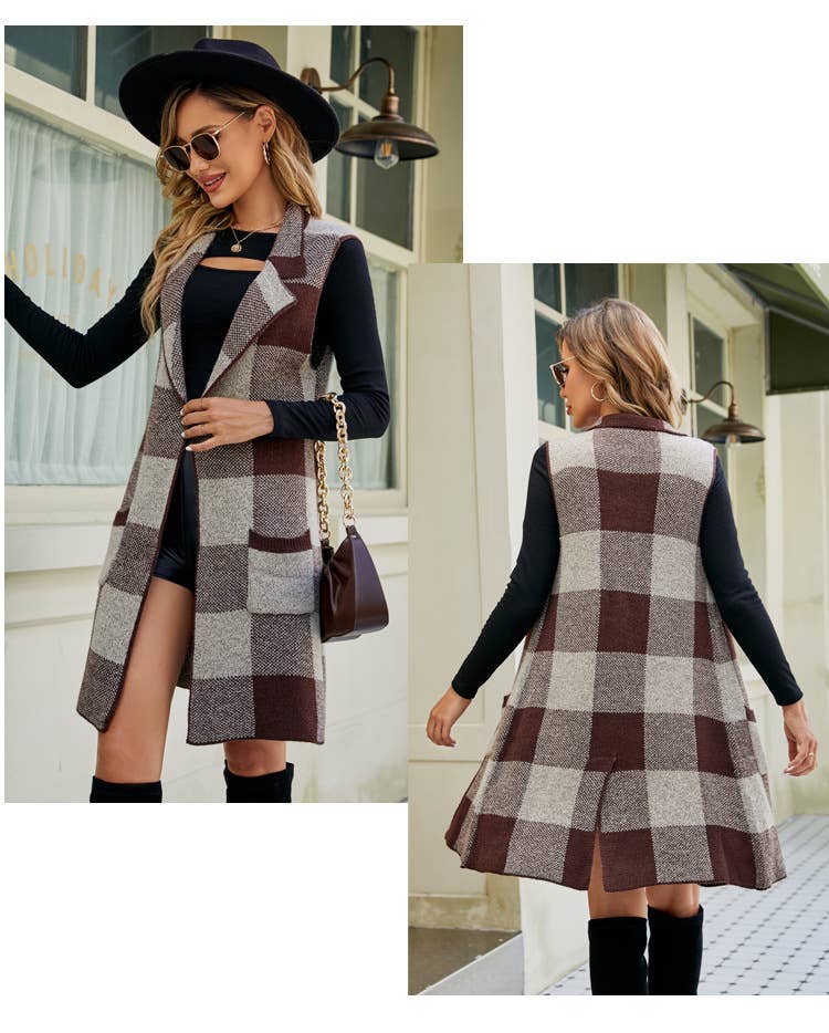 SLEEVELESS COAT PLAID JACQUARD KNIT CARDIGAN