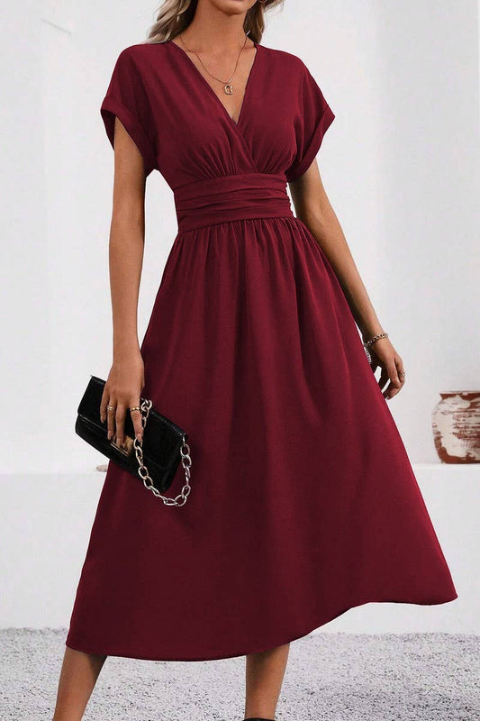 CWDMD4648_SOLID COLOR V-NECK BAT SLEEVE LONG DRESS