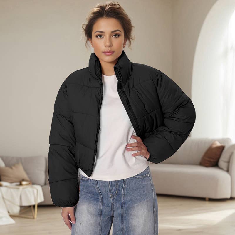 SOLID COLOR STANDING COLLAR WARM SHORT JACKET