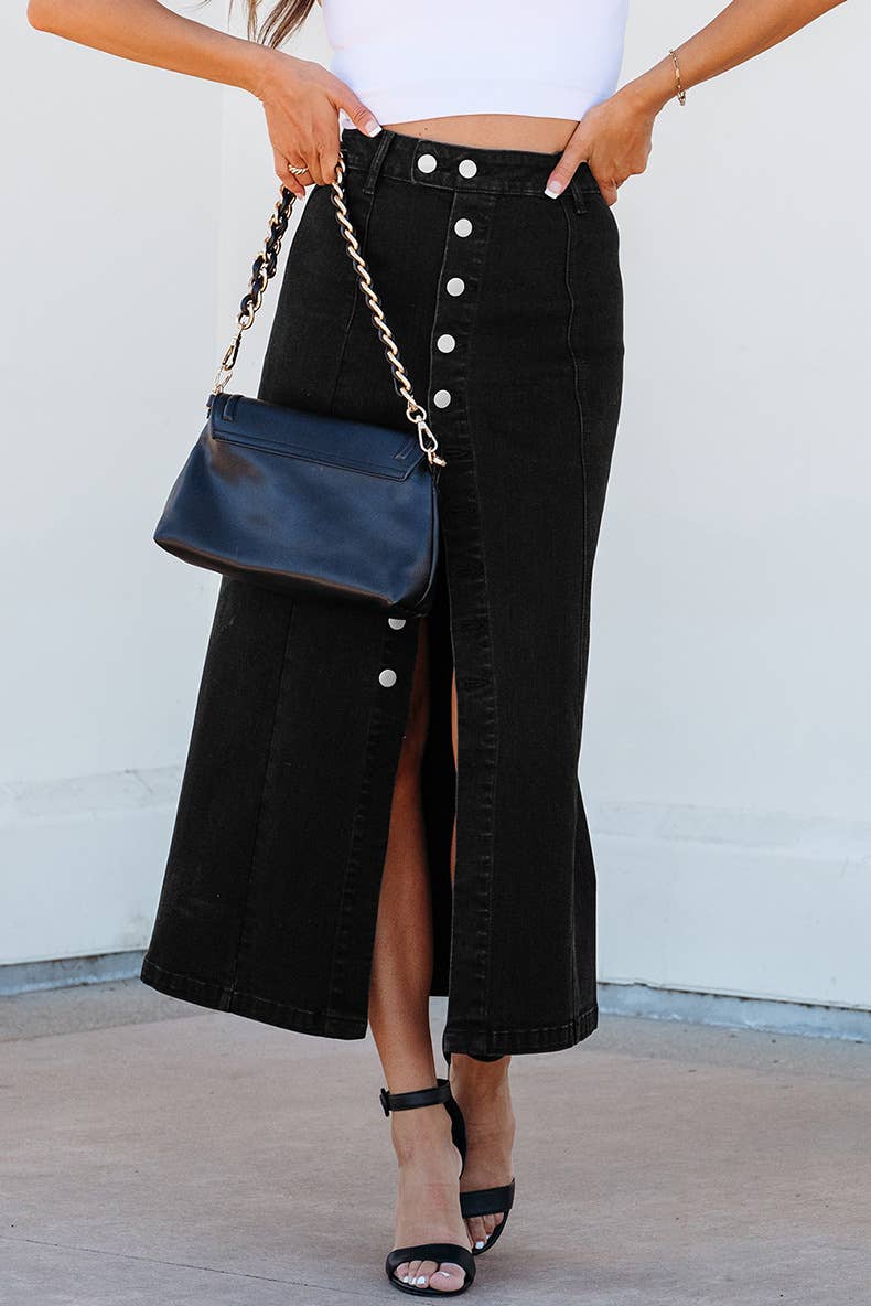 BUTTONED IRREGULAR SLIT HIGH WAISTED DENIM SKIRT