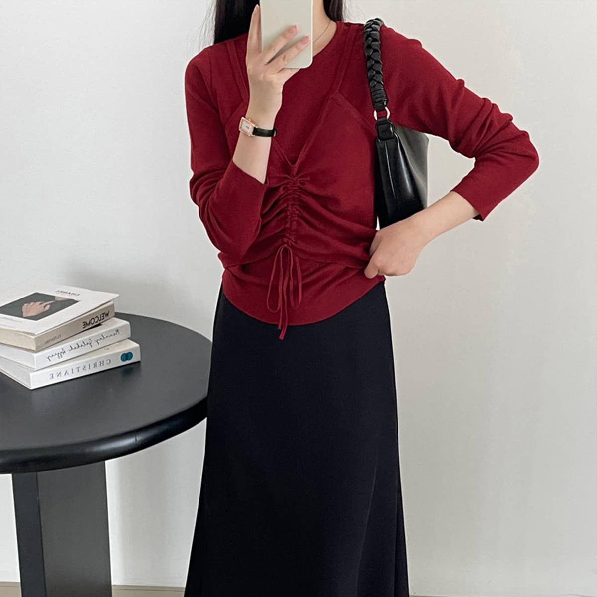 Fake two drawstring slimming knit long-sleeved tops