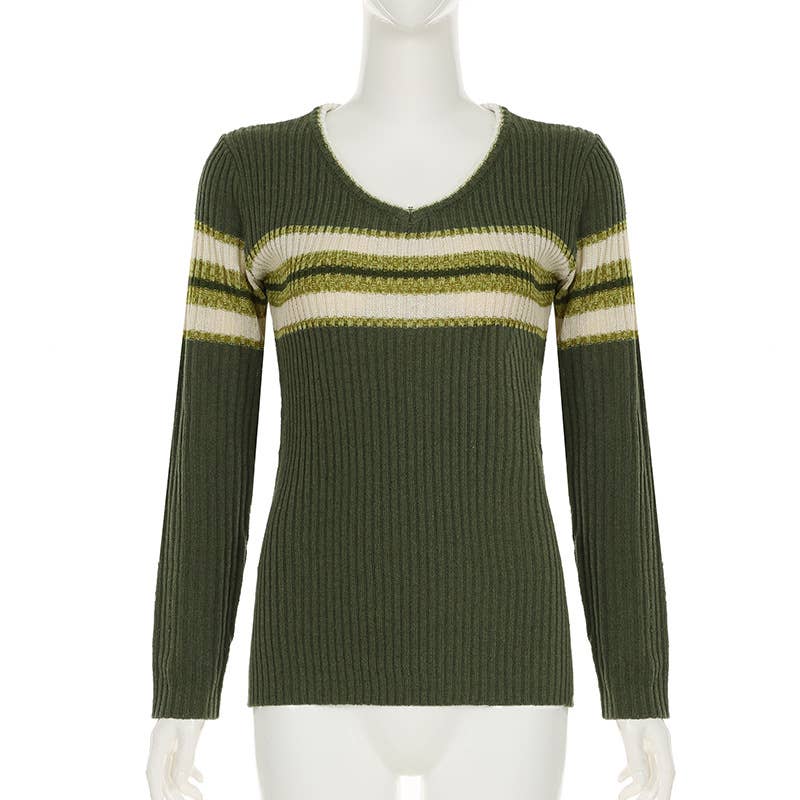 VINTAGE PREPPY V-NECK STRIPED WOOLEN BLOUSE