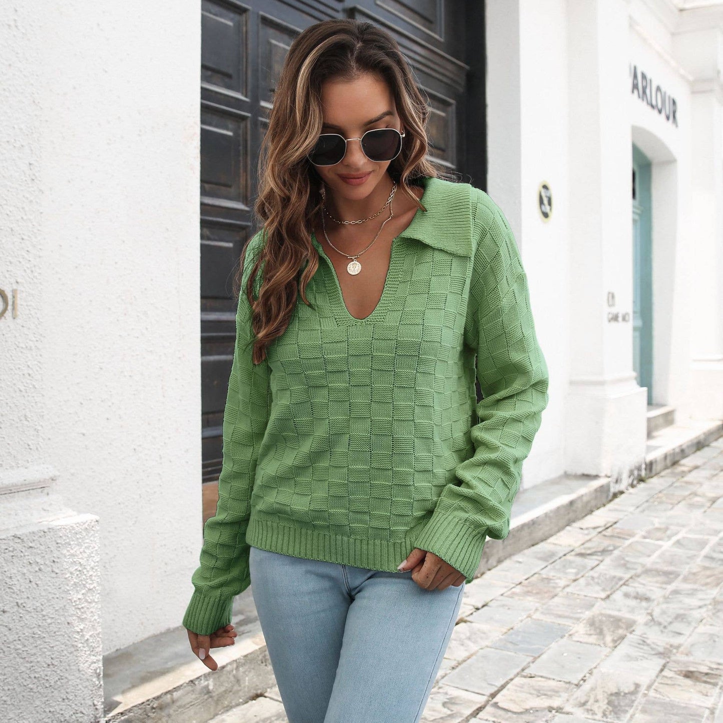 Stereoplaid lapel sweater women loose