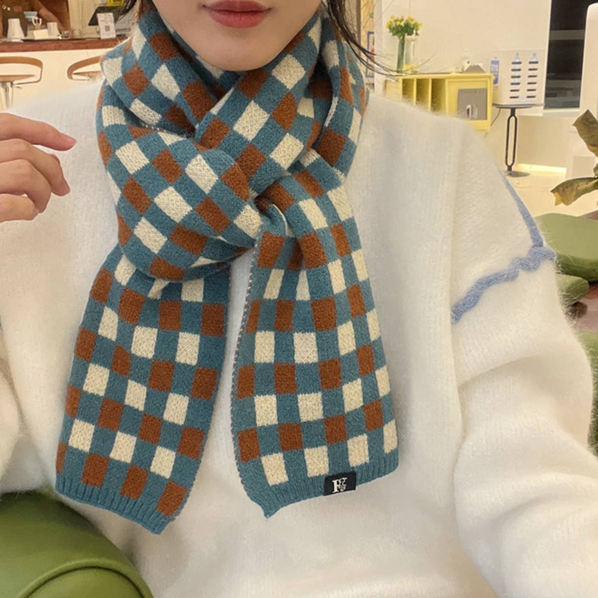 Colorblock Checkered Knit Scarf for Women