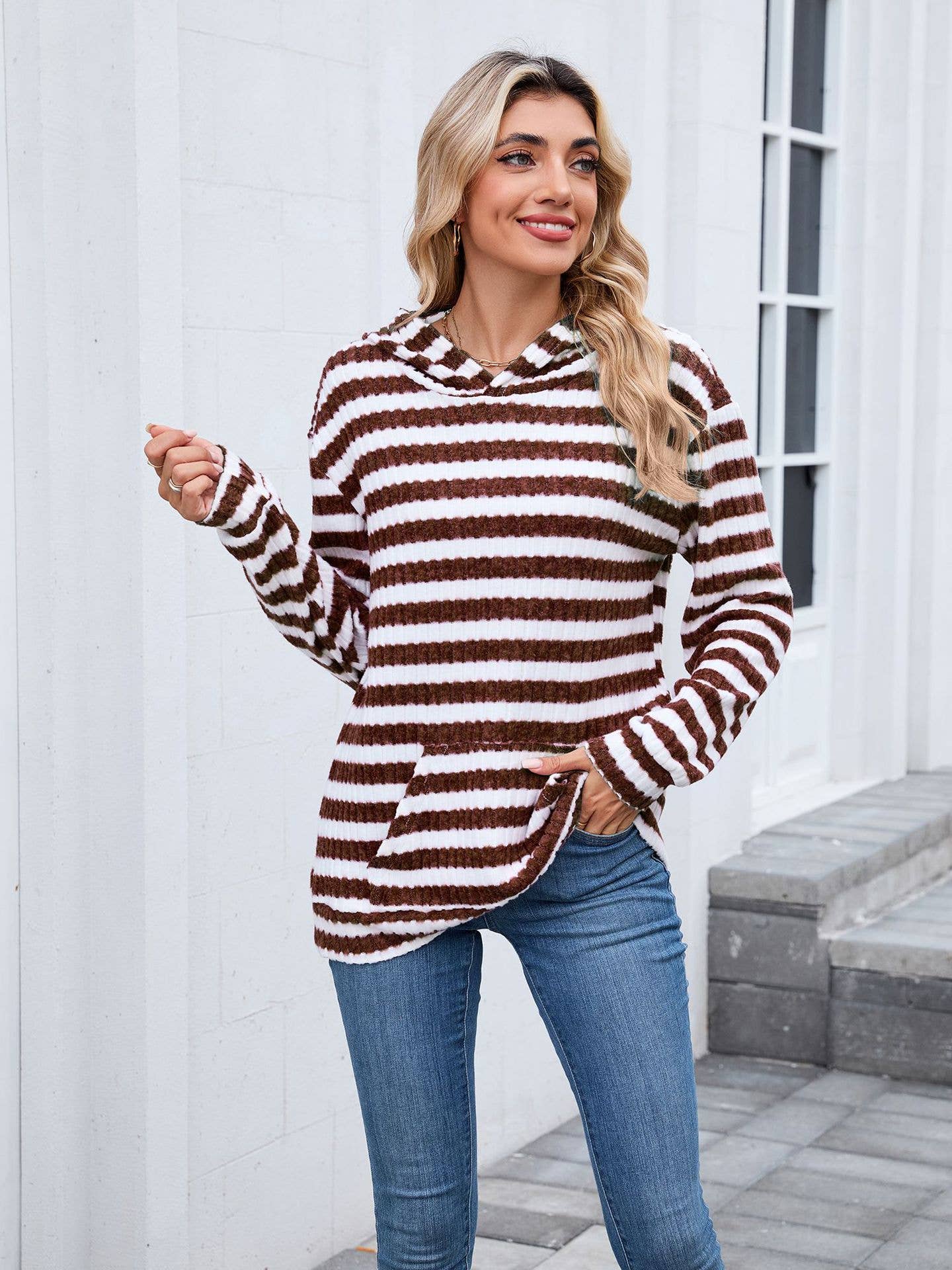 Striped hooded loose long-sleeved sweatshirt