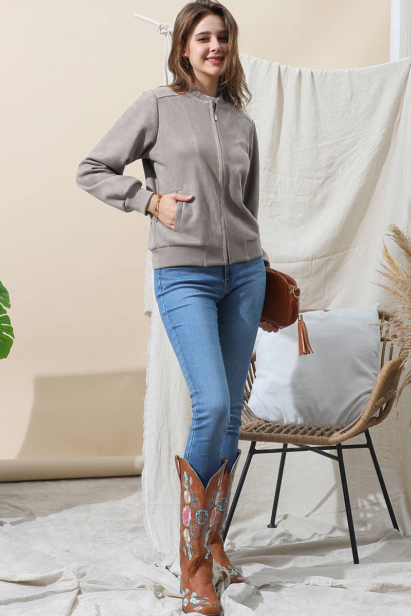 CWOJA706_WATERFALL FAUX SUEDE ZIP-UP WESTERN BOBMER JACKET