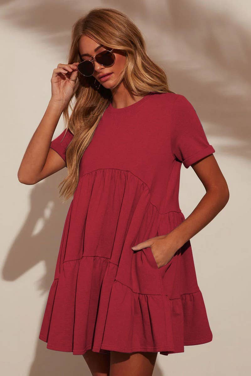 CWDSD7774_CASUAL POCKETED SHORT SLEEVE RUFFLED DRESS