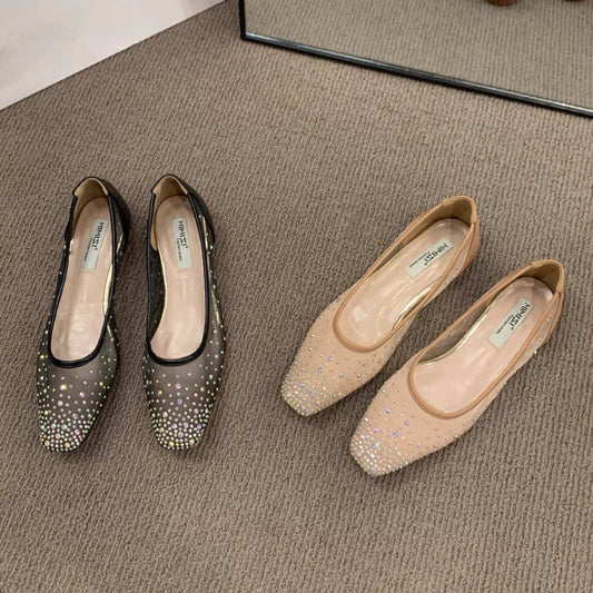 Flat Square Toe Rhinestone Breathable Fairy Flats