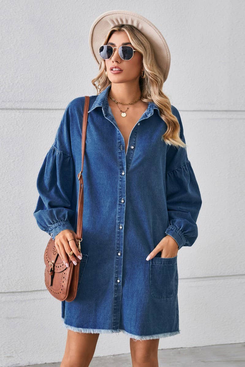 CWDSD10894_LOOSE DENIM FRAYED HEM LONG SLEEVE MIDI DRESS