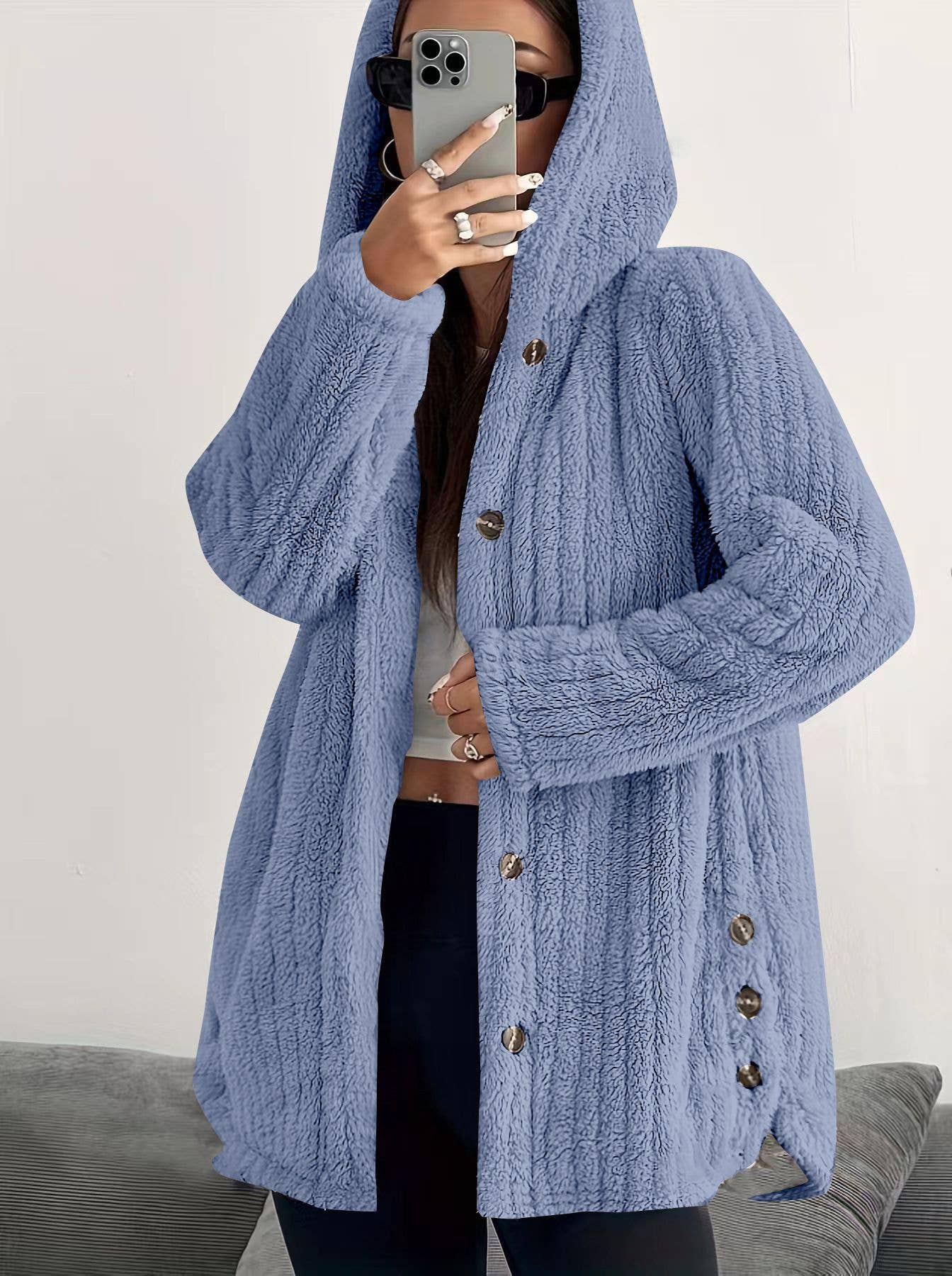 SOLID COLOR LONG SLEEVE HOODED LOOSE FLUFFY COAT