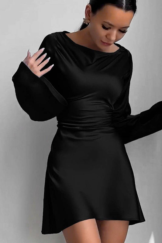CWDSD7671_SATIN TIE WAIST LONG SLEEVE MINI DRESS