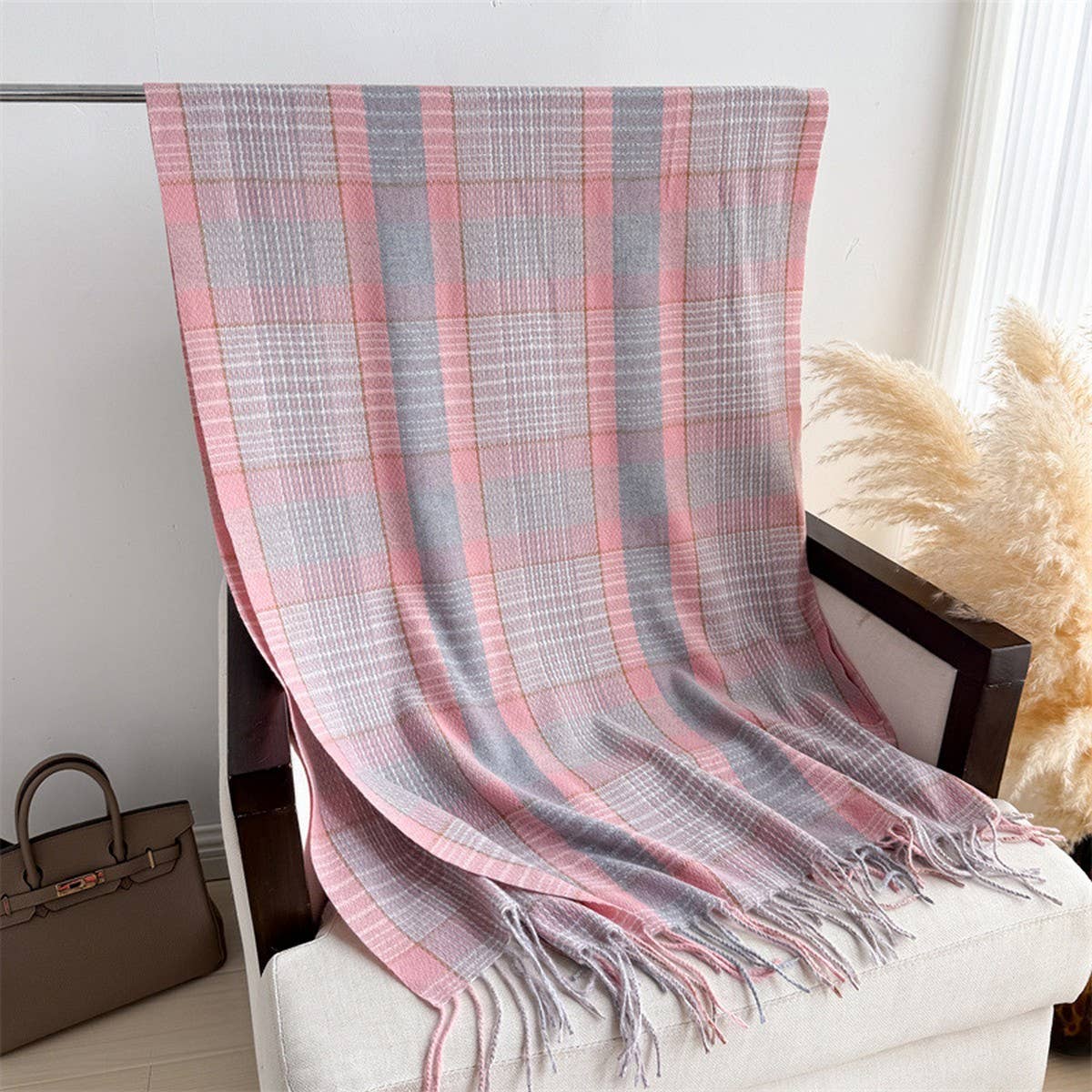 Plaid fringe scarf winter warm shawl_CWASC2778