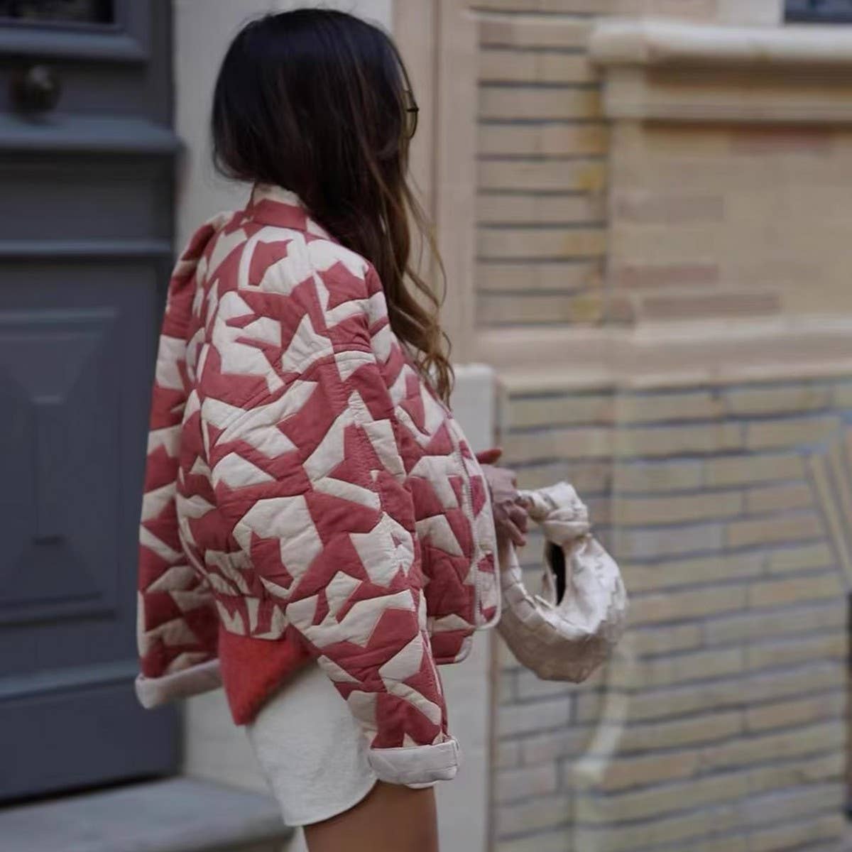 COLORBLOCK PRINT ZIP-UP QUILTED JACKET