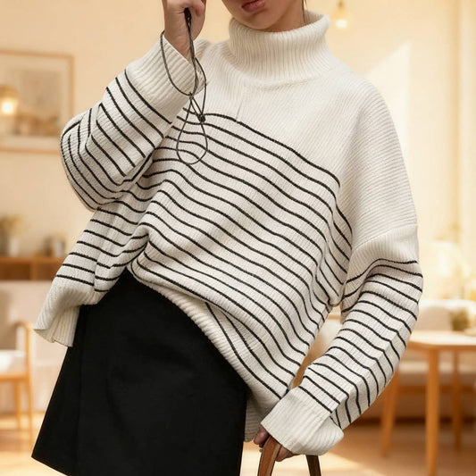 Simple striped lapel half-zipper sweater