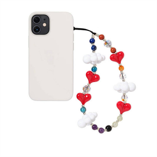 CWMM8725_WHITE CLOUD HEART BEADED MOBILE PHONE CHAIN