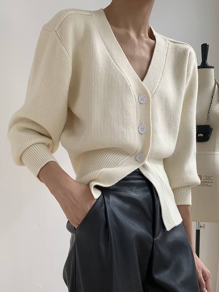 V-NECK SOLID COLOR WAISTLINE SWEATER CARDIGAN