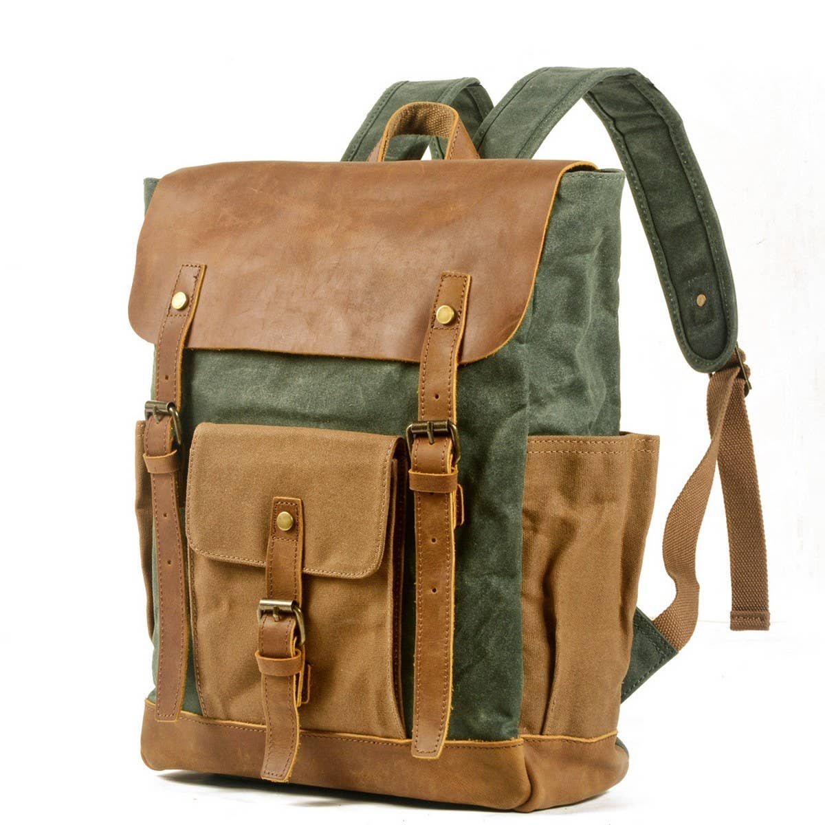 Unisex Waxed Canvas Laptop Backpack with Leather_CWAB5535