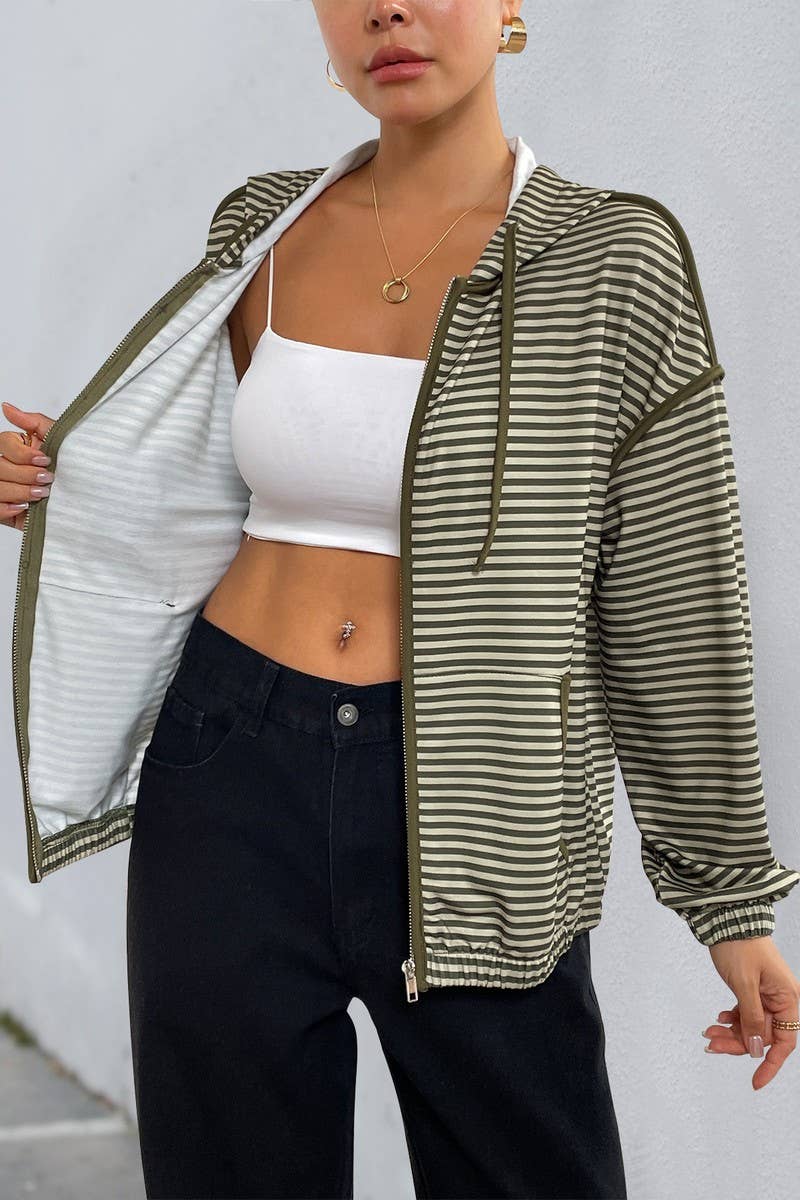 CWOCO1266_STRIPED LONG SLEEVE CASUAL HOODED JACKET