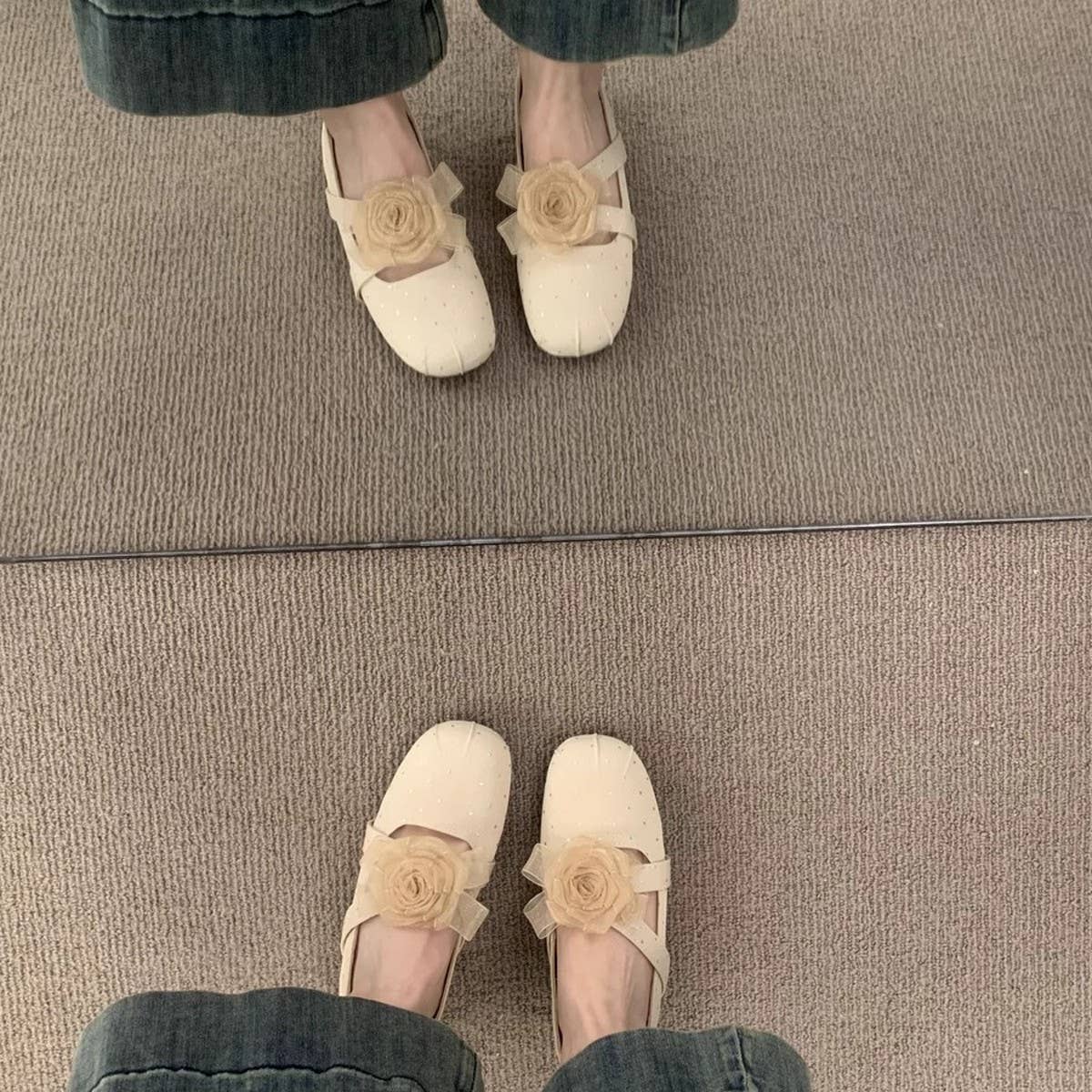 Floral Wedge Round Toe Cross Strap Mary Janes