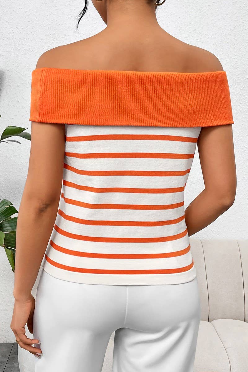 STRIPED OFF THE SHOULDER LINE NECK SWEATER_CWOSWS0056