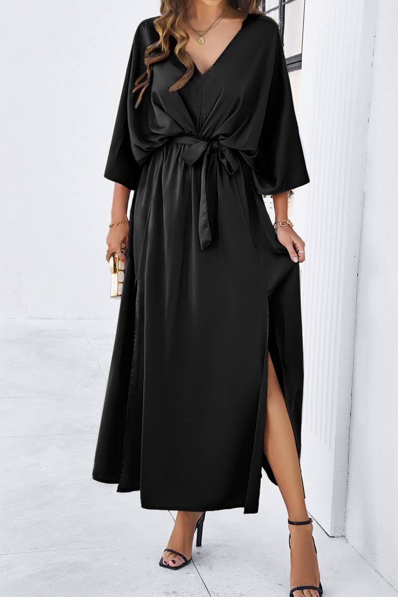 CWDMD1334_V-Neck 3/4 Sleeve With Belt Maxi Dresses