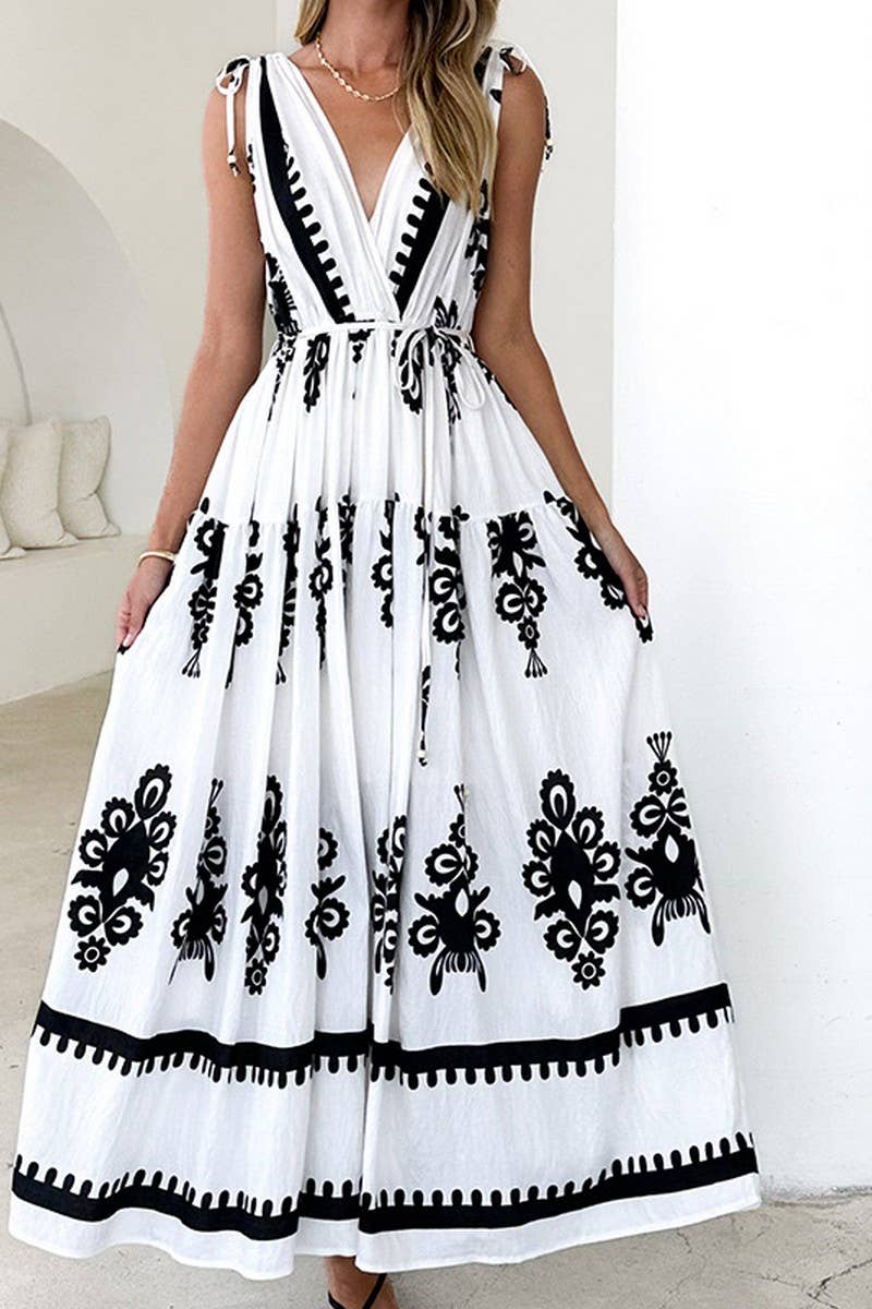 CWDMD6297_NEW SUMMER PRINTED V-NECK WAISTED DRESS