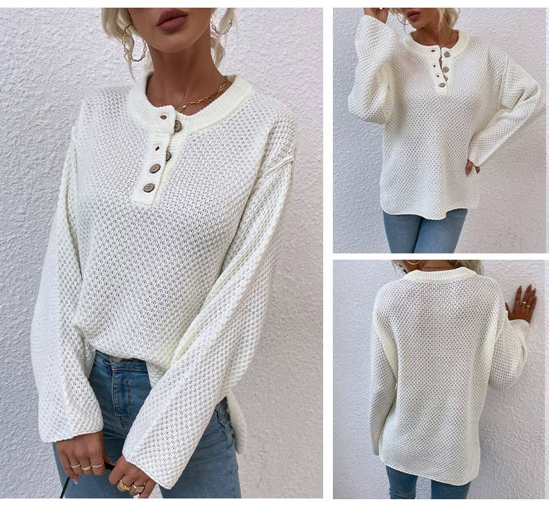 SOLID COLOR CREW NECK BUTTON UP FRONT CARDIGAN