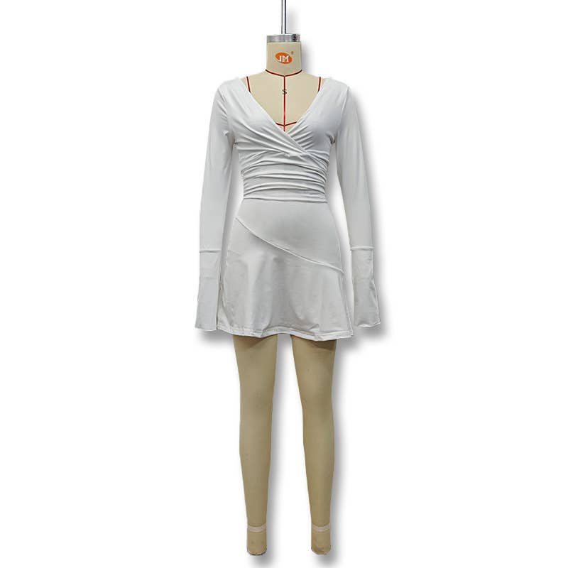 Solid color deep V drawstring pleated dress