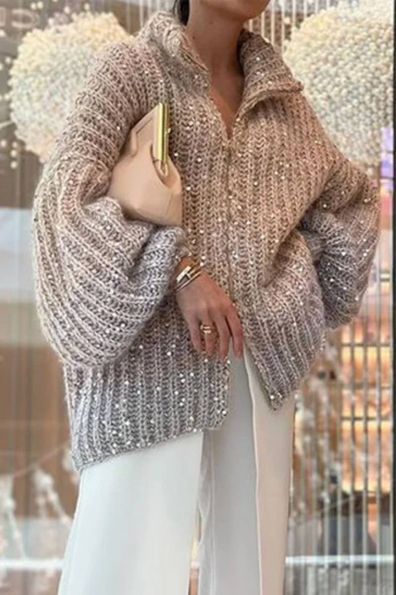 CWOCAL2181_STYLISH SEQUIN V-NECK LONG-SLEEVED SWEATER