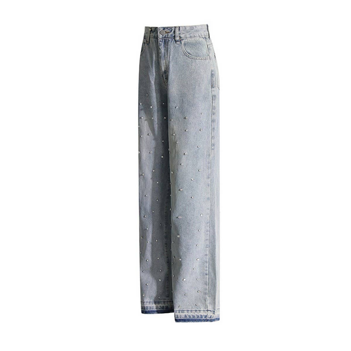 HIGH WAISTED STUDDED PEARL STRAIGHT LEG JEANS