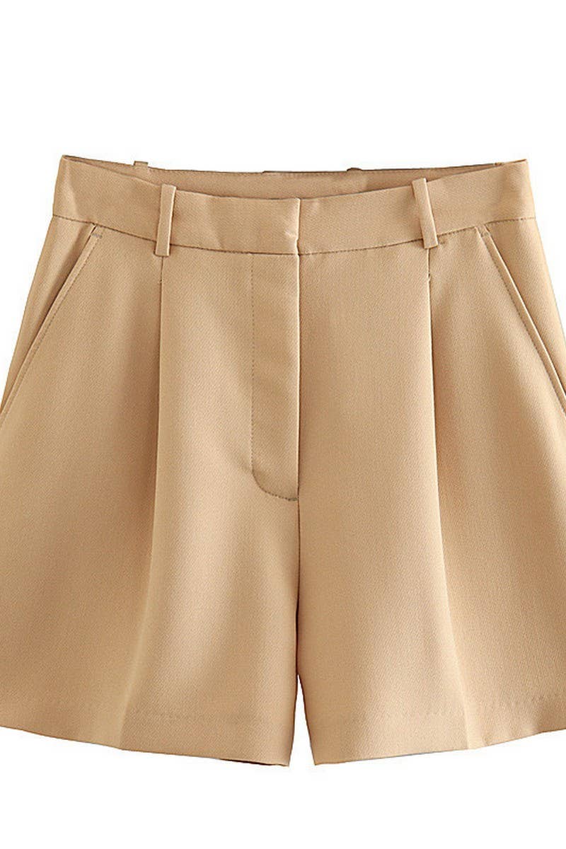 CWBSP0423_SOLID COLOR HIGH WAIST PLEATED CASUAL SHORTS