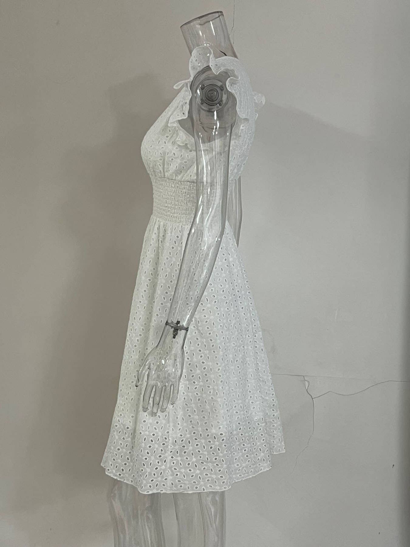 V-neck hollowed-out floral cinched-waist dress