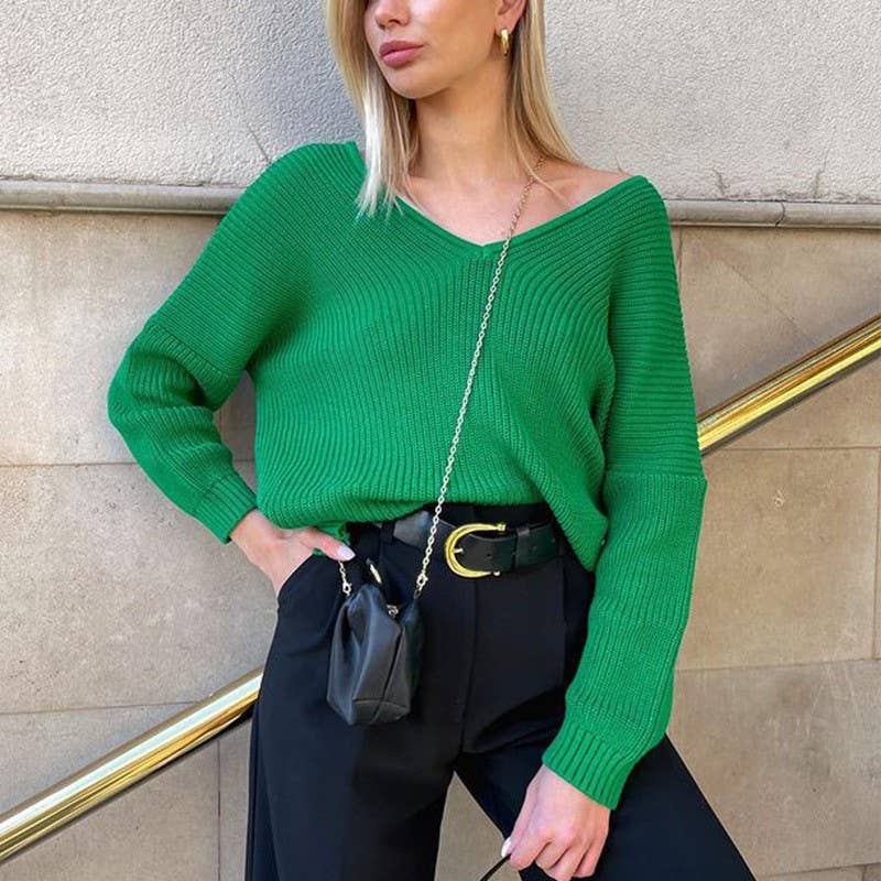 SLOUCHY SOLID COLOR V-NECK PULLOVER SWEATER LADY