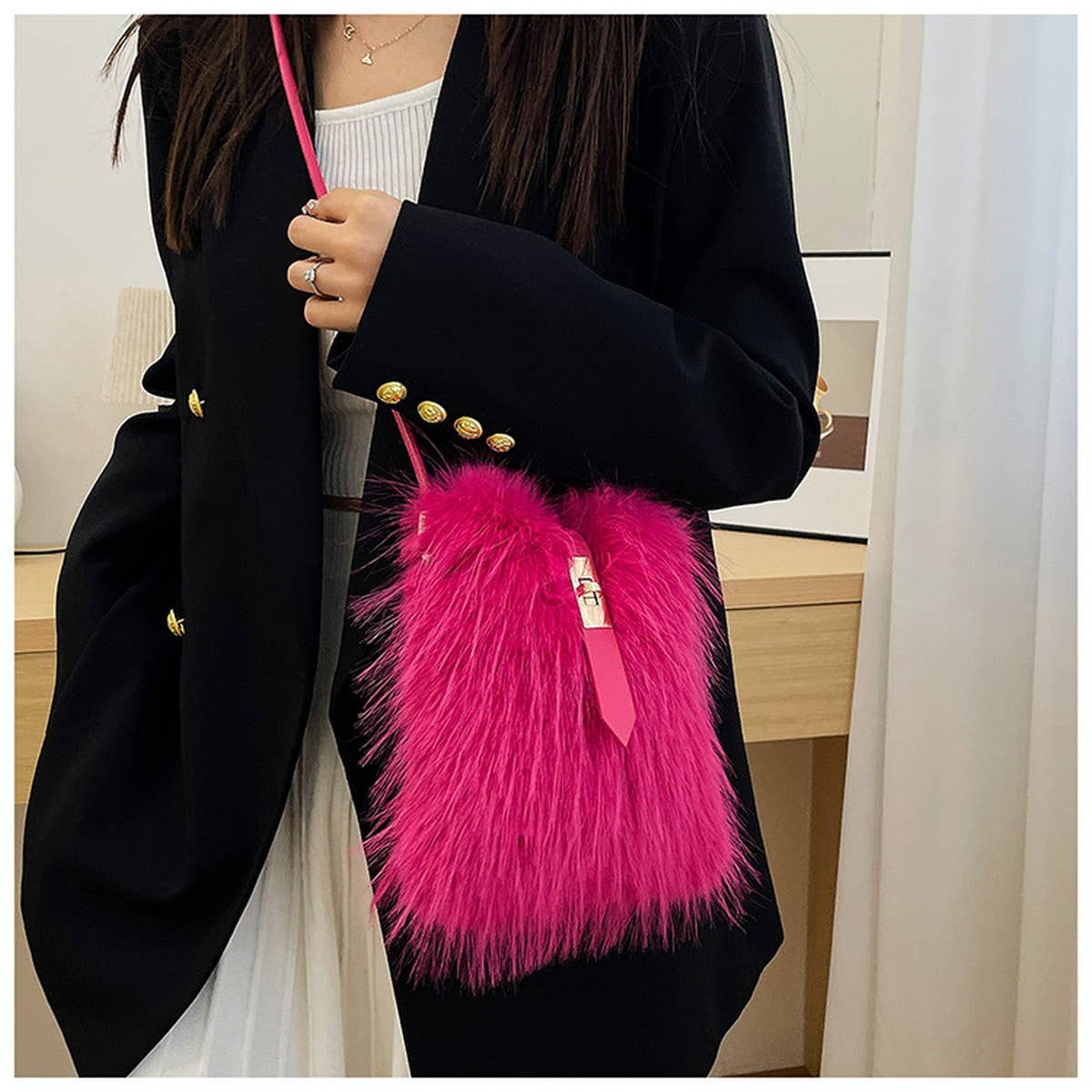 Faux Fur Plush Phone Bag Crossbody Shoulder_YMC51-023A