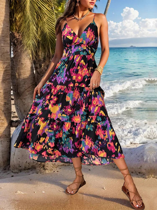 Printed halter dress with split halter