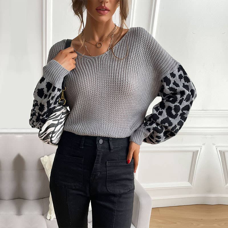 V-neck loose leopard print patchwork sweater