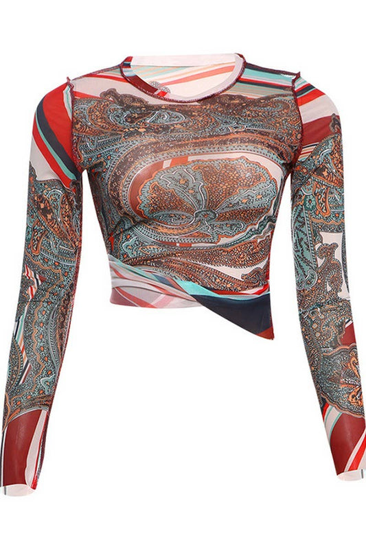 Cwttl2063_Long-Sleeved Mesh Abstract Print Slim Fit T-Shirt