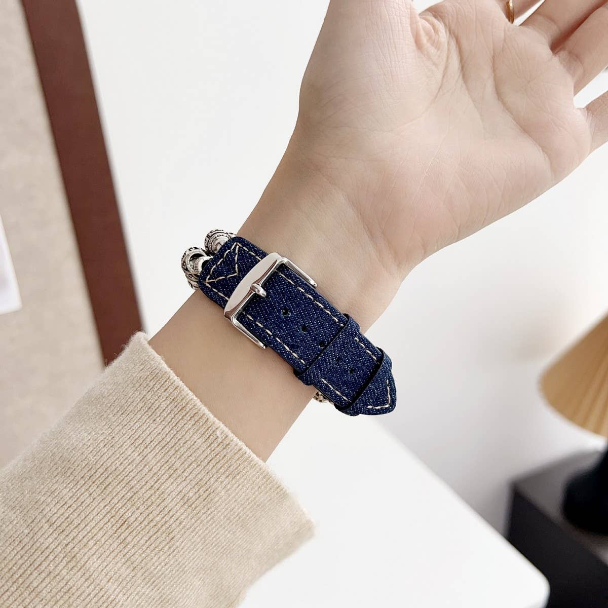 IWATCH9-1 TIBETAN SILVER DENIM LEATHER STRAP
