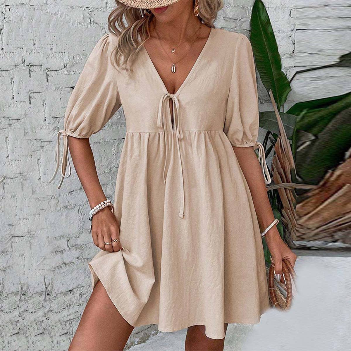LOOSE WOVEN DEEP V-NECK LACE-UP DRESS